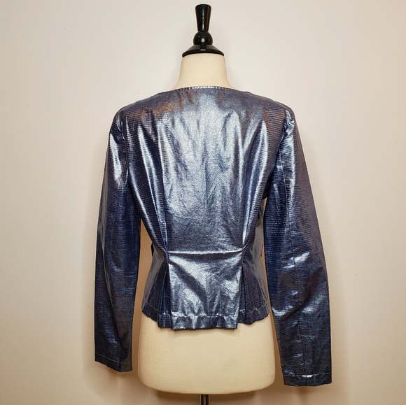 Vintage Emporio Armani Metallic Blue Embossed Jacket Hidden Zip Size 10 - Picture 5 of 13